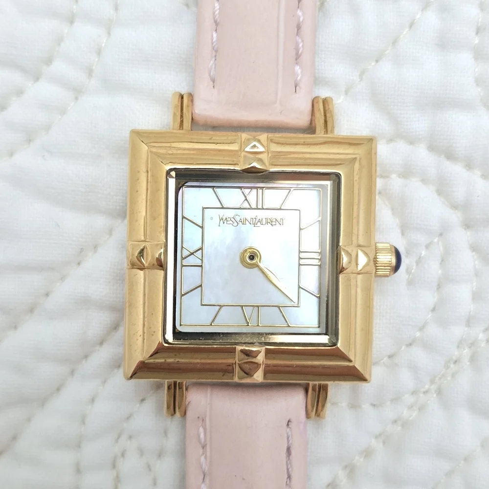 YSL Yves Saint Laurent Tank Watch 23mm Case Art Deco Mother of Pearl Pink Strap - Picture 5 of 11